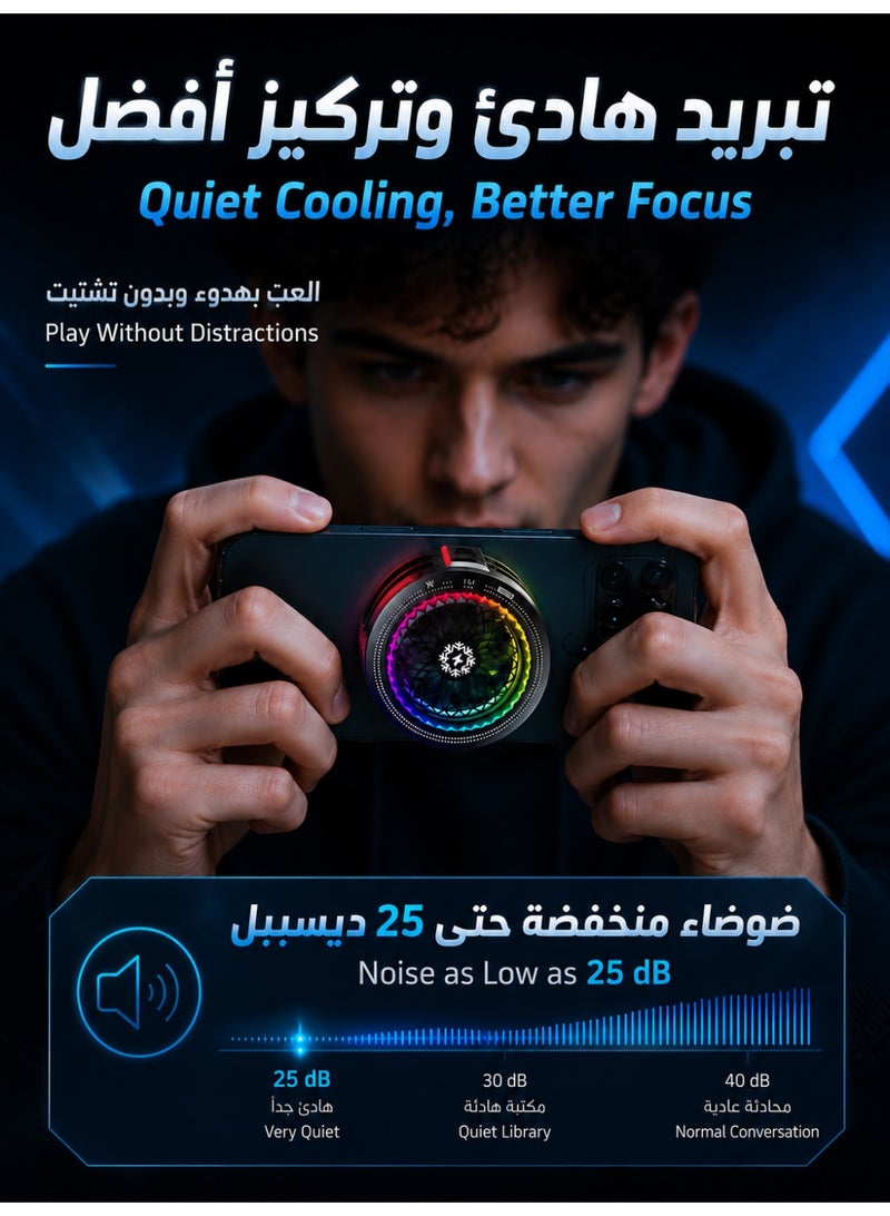 واي إكس برو مبرد هاتف بقوة 15 واط، مروحة تبريد جوال بتقنية أشباه الموصلات مع إضاءة RGB و5 أوضاع تبريد، مبرد جوال مغناطيسي مع شاشة عرض درجة الحرارة ومشبك تثبيت للألعاب وPUBG والبث المباشر، يشمل 10 أكمام أصابع للألعاب - Image 5
