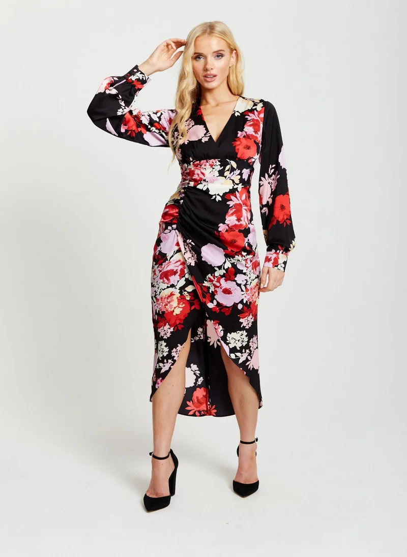Liquorish Rose Print Midi Dress In Red And Pink
