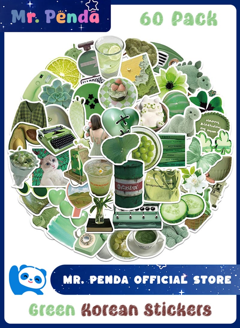 Mr. Penda 60Pcs Waterproof Korean Stickers for Books, Ledger, Water Cup, Ipad Phone Case Decoration, Aesthetic Minimalist Laptop Stickers (Green)  - Image 1