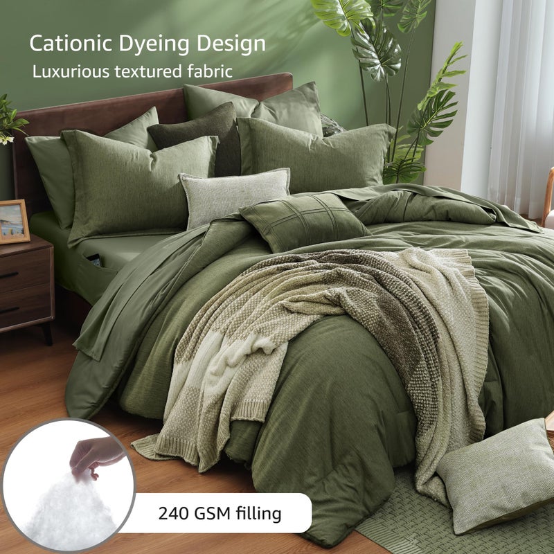 Monbix California King Comforter Set - 7 Pieces Cationic Dyeing Olive Green Bed in a Bag Cal King Bedding Sets with Comforter, Sheets, Pillowcases & Shams, Reversible Bedding Comforters Sets - Image 3