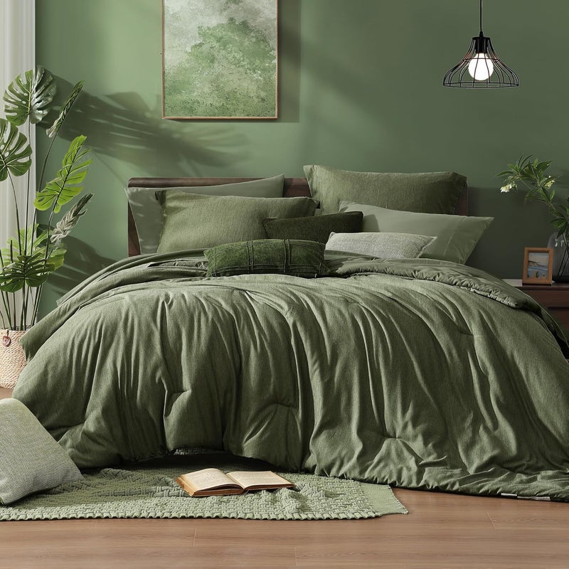 Monbix California King Comforter Set - 7 Pieces Cationic Dyeing Olive Green Bed in a Bag Cal King Bedding Sets with Comforter, Sheets, Pillowcases & Shams, Reversible Bedding Comforters Sets - Image 1