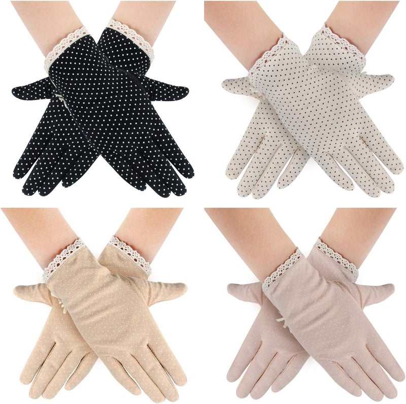 MarJunSep Women's Dots Sun UV Protection Cotton Lace Anti-skid Driving Gloves - 4 Pairs - Image 1