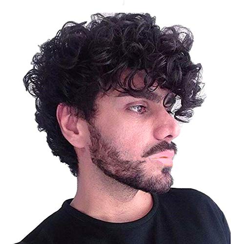 بارويزي باروكة قصيرة ومجعدة للرجال باللون الأسود، باروكة شعر صناعية فاخرة لعيد الهالوين للرجال