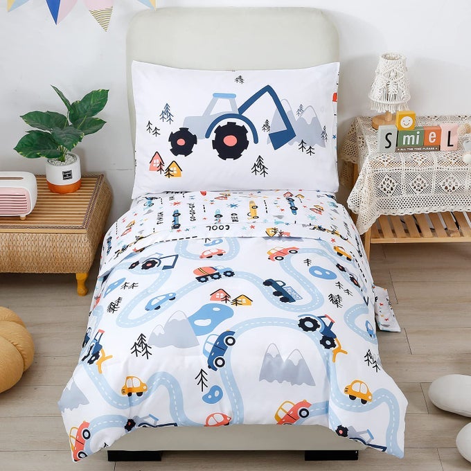 TODDLER BEDDING KIDS 4 PIECES BED IN A BAG FOR BOYS CARS PRINTED MICROFIBER TODDLER COMFORTER SETS WITH STANDARD PILLOW CASE MODERN BEDROOM COLLECTION WHITE