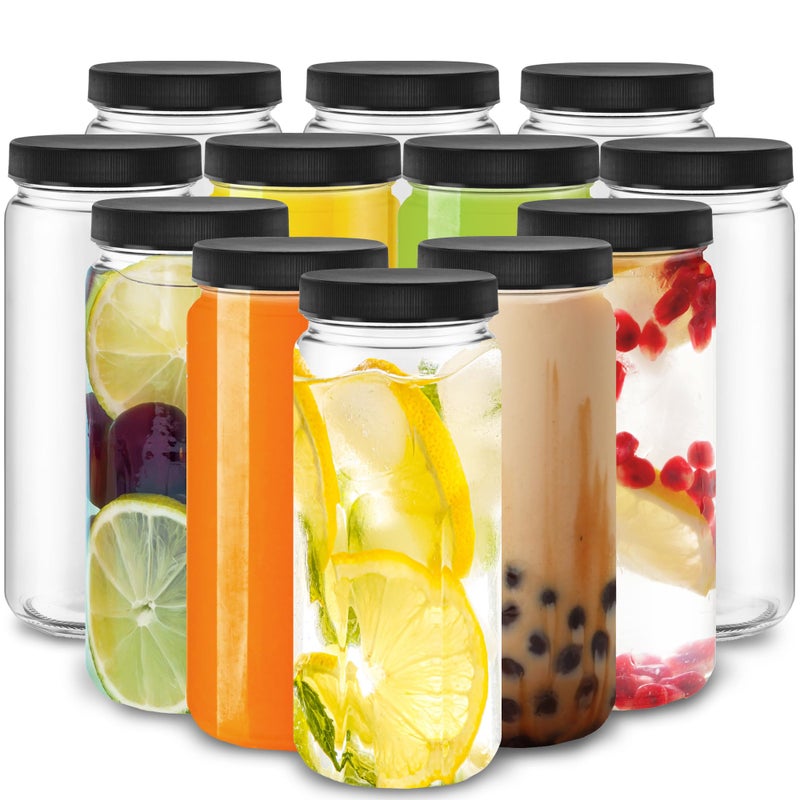 DilaBee 12-Pack 16oz Round Empty Glass Water Bottles - Glass Juice Bottles with Lids for Juicing, Smoothie, Milk & Kombucha - Juice Containers for Fridge, Smoothie Bottle, Clear Water Bottle BPA-Free - Image 1