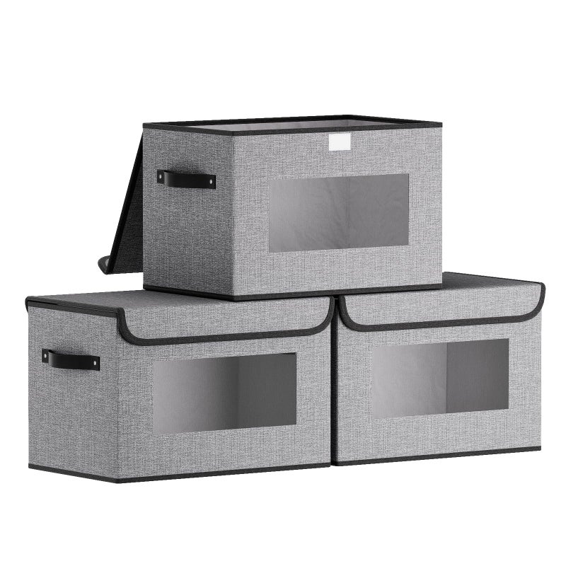 YheenLf Storage Basket Decorative Linen Closet Organizers Bins 13 x 91 x 79 inch Clothes Boxes for Shelves with Lids Cubes with HandlesGray 3Pack