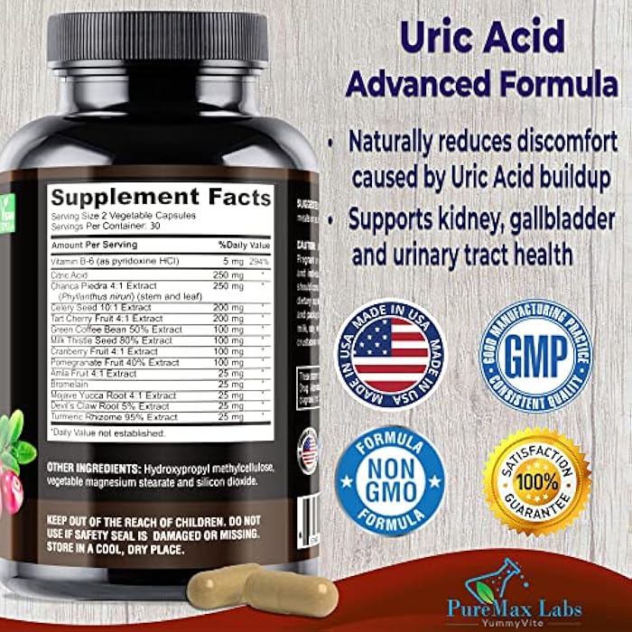 YUMMYVITE Uric Acid Advanced Formula – Kidney, Liver, Gallbladder, Urinary Tract Cleanse with Cranberry, Chanca Piedra, Tart Cherry, Milk Thistle and Bromelain 60 Capsules - Image 2