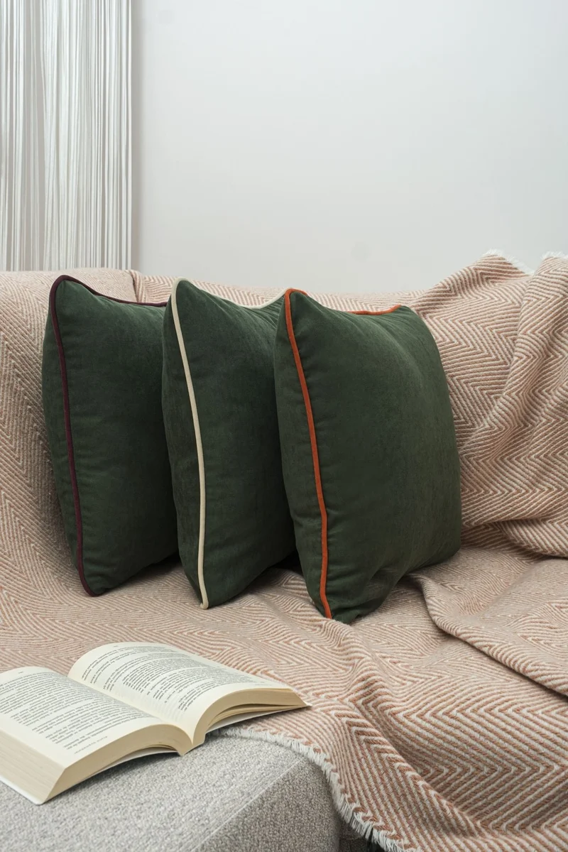 Özsay Home Green Panoroma Cream Piping Throw Pillow Cover 30x50 - With 3 Different Piping Options!