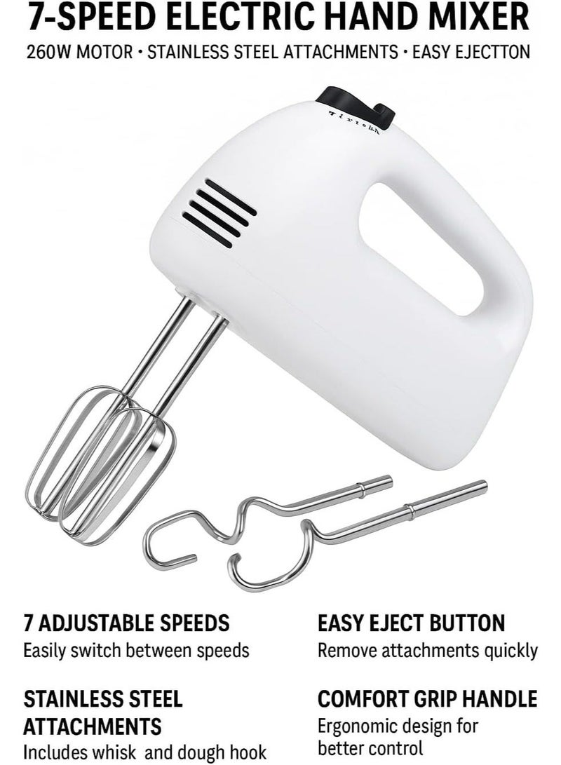 7-Speed Electric Hand Mixer, 260W Motor with Stainless Steel Whisk & Dough Hooks, White - Image 3