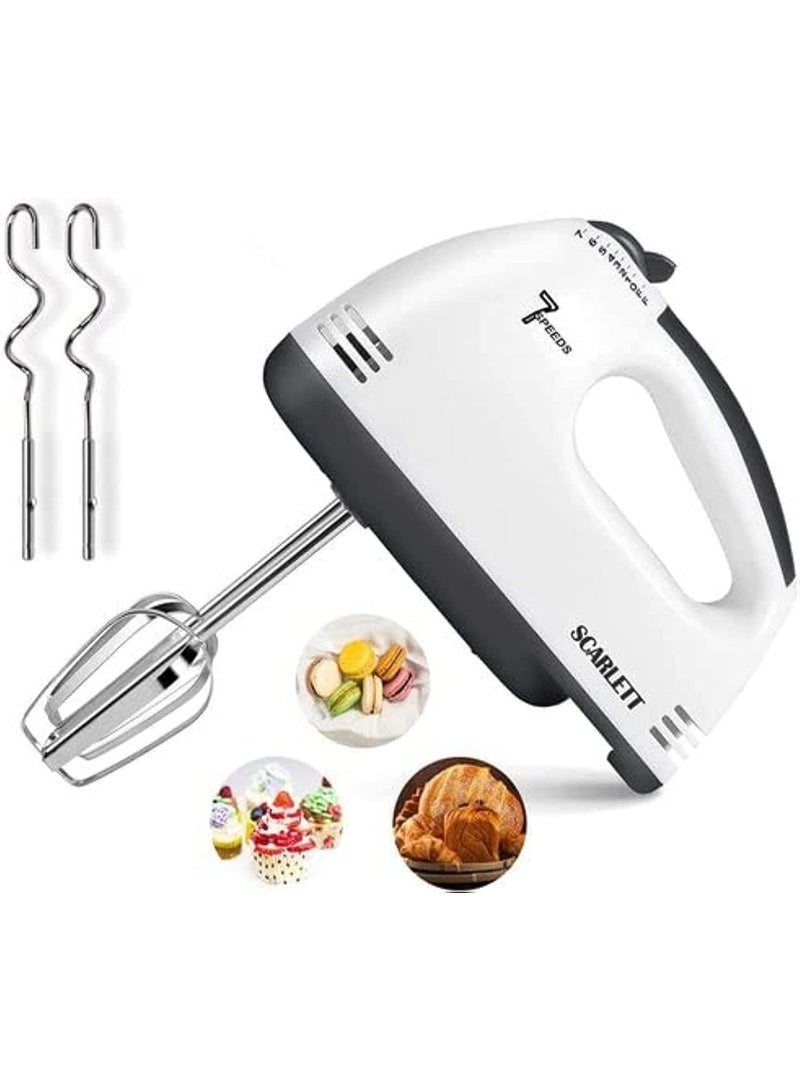 7-Speed Electric Hand Mixer, 260W Motor with Stainless Steel Whisk & Dough Hooks, White - Image 1