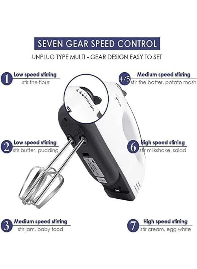 7-Speed Electric Hand Mixer, 260W Motor with Stainless Steel Whisk & Dough Hooks, White - Image 2