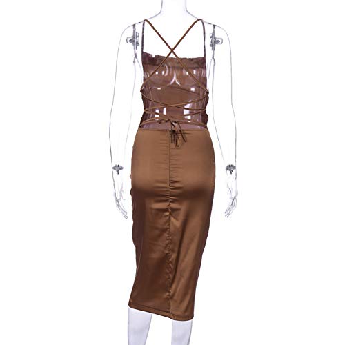 JUMISEE Women Neon Satin Sexy Bodycon Elegant Backless Long Midi Dress for Cocktail Party Clubwear (Brown,X-Large) - Image 3