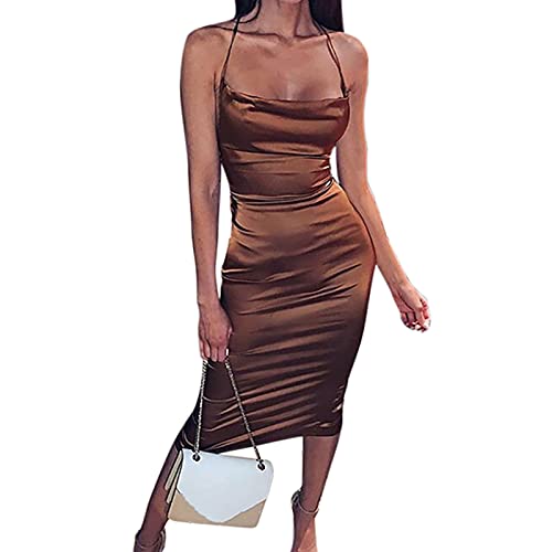 JUMISEE Women Neon Satin Sexy Bodycon Elegant Backless Long Midi Dress for Cocktail Party Clubwear (Brown,X-Large) - Image 5