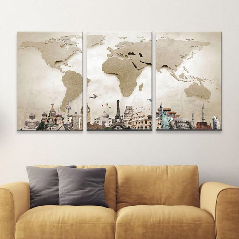 Marktna Three canvas panels with a world map design and a hollow frame, measuring (150×70), three pieces - Image 1