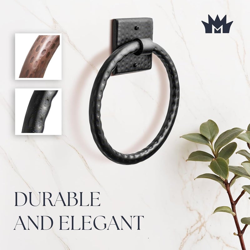 Monarch Abode Bathroom Towel Holder – 7-Inch Round Matte Black Bathroom Hand Towel Holder for Bathrooms Wall, Metal Hand Hammered Towels Ring Wall Mount, Traditional Surface-Mounted Ring Hanger - Image 2