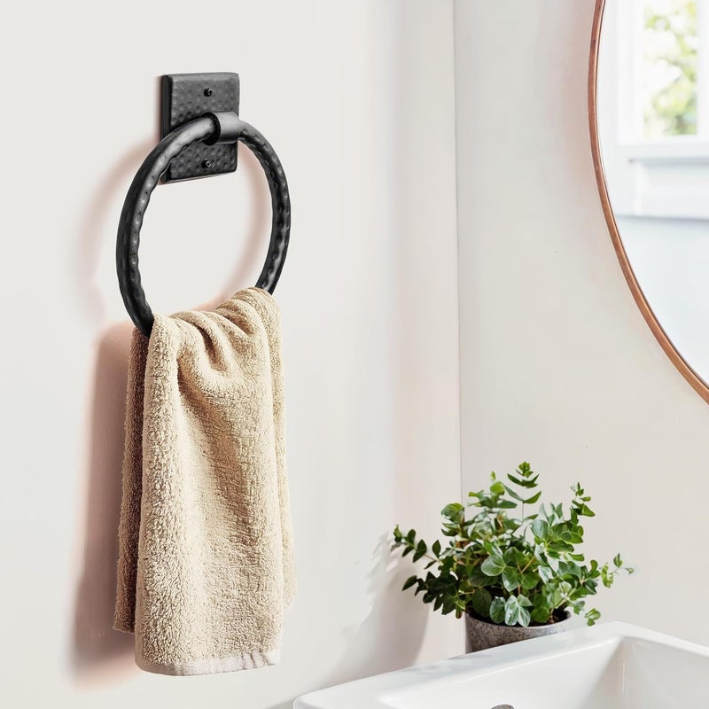 Monarch Abode Bathroom Towel Holder – 7-Inch Round Matte Black Bathroom Hand Towel Holder for Bathrooms Wall, Metal Hand Hammered Towels Ring Wall Mount, Traditional Surface-Mounted Ring Hanger - Image 3