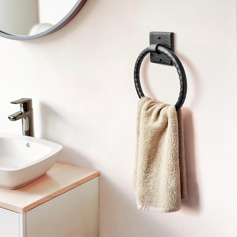 Monarch Abode Bathroom Towel Holder – 7-Inch Round Matte Black Bathroom Hand Towel Holder for Bathrooms Wall, Metal Hand Hammered Towels Ring Wall Mount, Traditional Surface-Mounted Ring Hanger - Image 4