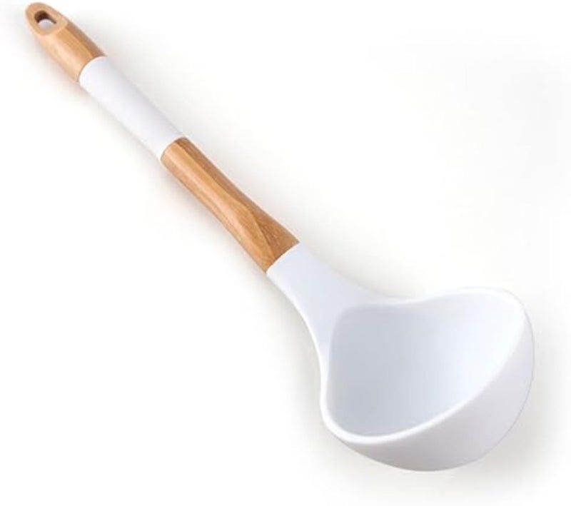 Silicone and Wood Soup Spoon, Heat-Resistant Nonstick Cooking Utensil with Wooden Handle, White Kitchen Ladle