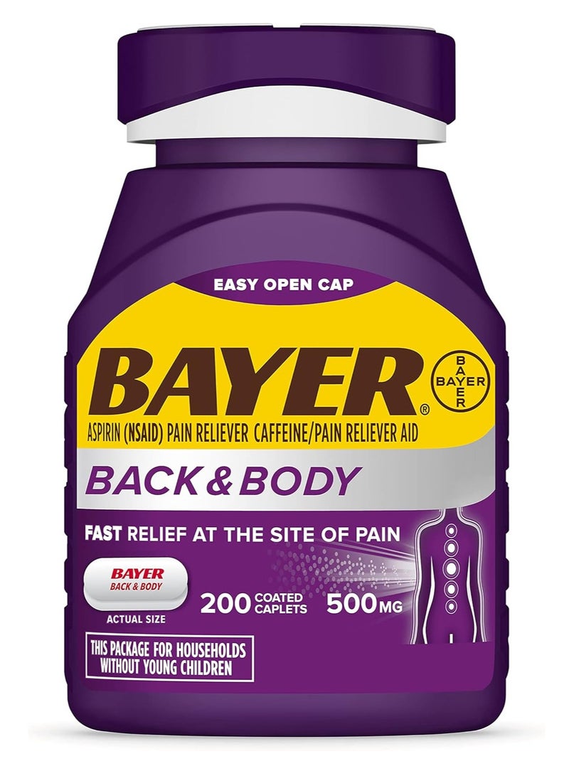 Bayer Back & Body Extra Strength Aspirin, 500mg Coated Tablets, Fast Relief at the Site of Pain, Pain Reliever with 32.5mg Caffeine, 200 Count (Packaging may vary)