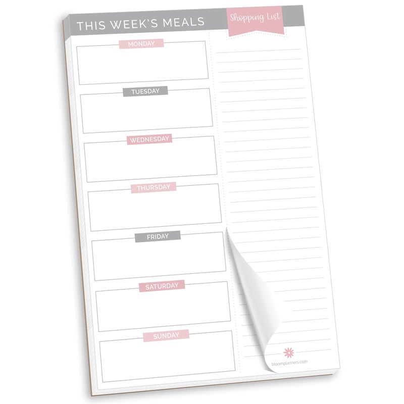 bloom daily planners Weekly Meal Planning Pad - Magnetic Hanging Refrigerator Menu Planner with Tear-Off Sheets & Perforated Grocery Shopping Lists - 6” x 9” (Grey & Pink) - Image 1