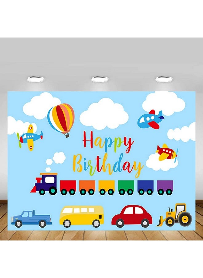 MEHOFOND - Transportation Boy Birthday Party Backdrop Blue Sky White Cloud Automobile Train Airplane Car Bus Truck Happy 1St Birthday Up Hot Air Balloon Photography Background Photo Booth Banner 7X5Ft - Image 1