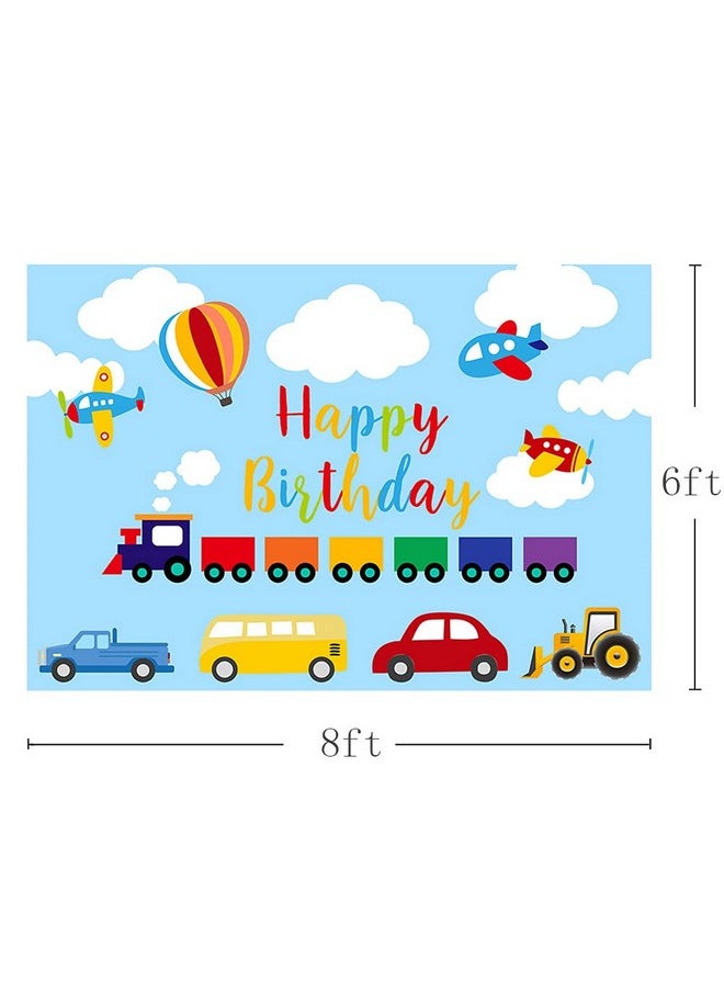 MEHOFOND - Transportation Boy Birthday Party Backdrop Blue Sky White Cloud Automobile Train Airplane Car Bus Truck Happy 1St Birthday Up Hot Air Balloon Photography Background Photo Booth Banner 7X5Ft - Image 1