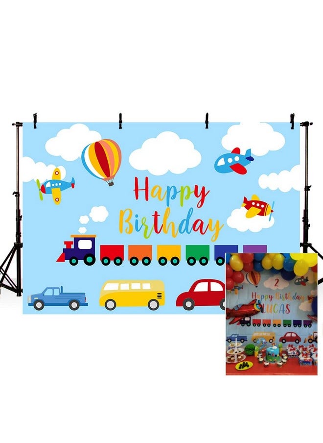 MEHOFOND - Transportation Boy Birthday Party Backdrop Blue Sky White Cloud Automobile Train Airplane Car Bus Truck Happy 1St Birthday Up Hot Air Balloon Photography Background Photo Booth Banner 7X5Ft - Image 1