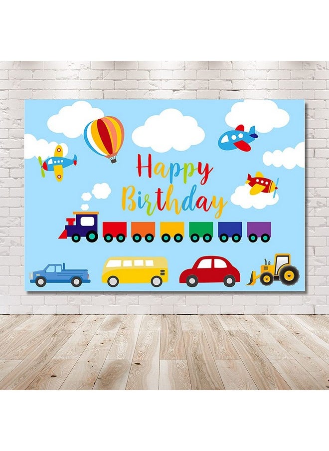 MEHOFOND - Transportation Boy Birthday Party Backdrop Blue Sky White Cloud Automobile Train Airplane Car Bus Truck Happy 1St Birthday Up Hot Air Balloon Photography Background Photo Booth Banner 7X5Ft - Image 1