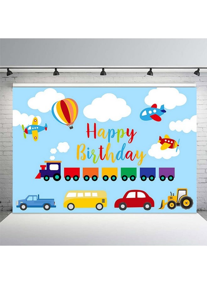 MEHOFOND - Transportation Boy Birthday Party Backdrop Blue Sky White Cloud Automobile Train Airplane Car Bus Truck Happy 1St Birthday Up Hot Air Balloon Photography Background Photo Booth Banner 7X5Ft - Image 1