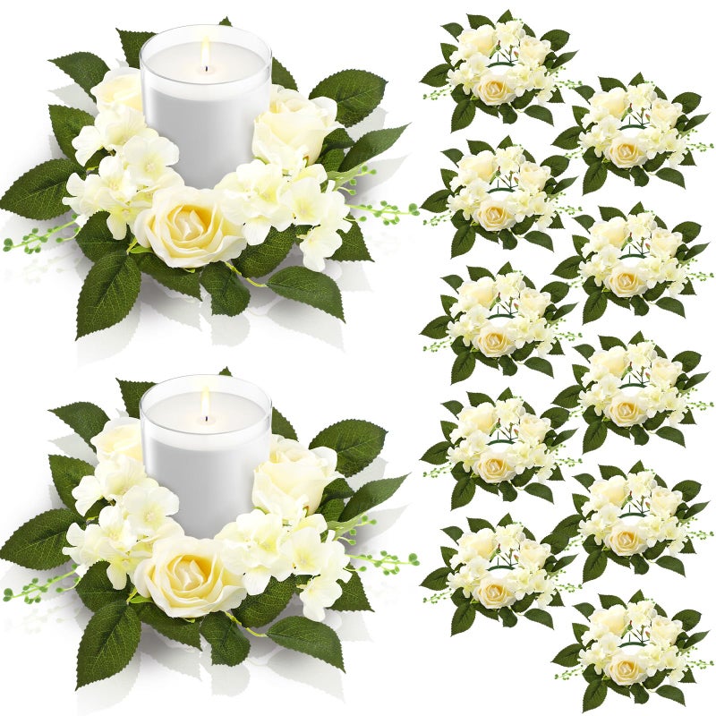 Jutom 12 Pcs Wedding Rose Candle Rings Artificial Floral Wreaths with Green Leaves Flower Candle Rings Candleholders Garland for Pillar Centerpiece Party Table Decor, 3.94'' Inner Diameter, White - Image 1