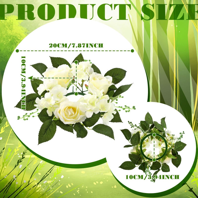 Jutom 12 Pcs Wedding Rose Candle Rings Artificial Floral Wreaths with Green Leaves Flower Candle Rings Candleholders Garland for Pillar Centerpiece Party Table Decor, 3.94'' Inner Diameter, White - Image 3