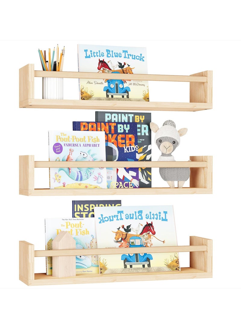 Nursery Shelves,  Natural Wood Floating Shelves Bookshelves for Wall Set of 3, Baby Nursery Decor, Solid Wood Wall Mounted Shelves for Books Photos Toys - Image 1