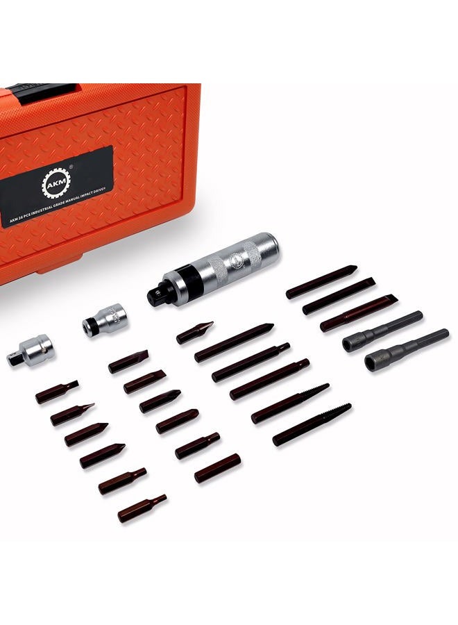 AKM Hand Manual Reversible Impact Driver Set Extractor-26 PCS Impact Screwdriver S2 Steel Hex Phillips Slotted Screwdriver Bits Much More Durable Disengage Rusted Fasteners or Frozen Bolts - Image 1