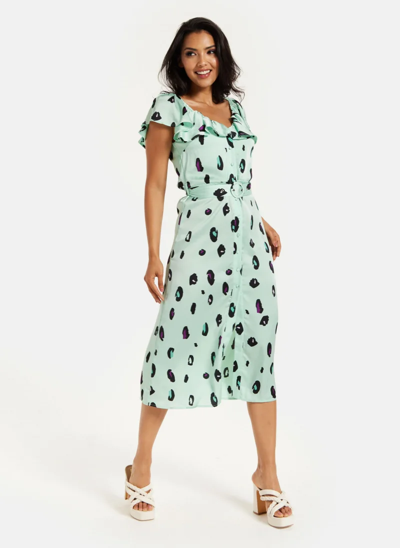Liquorish Off Shoulder Dress in Mint Animal Print