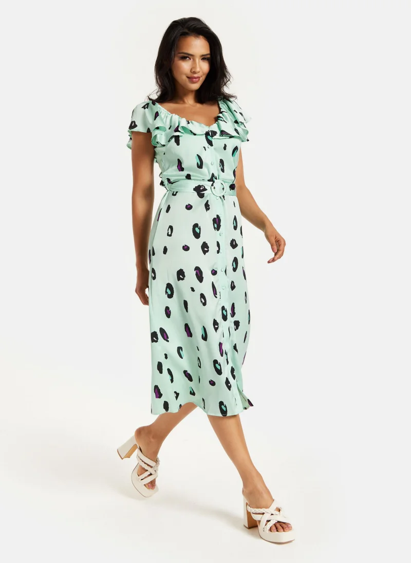 Liquorish Off Shoulder Dress in Mint Animal Print