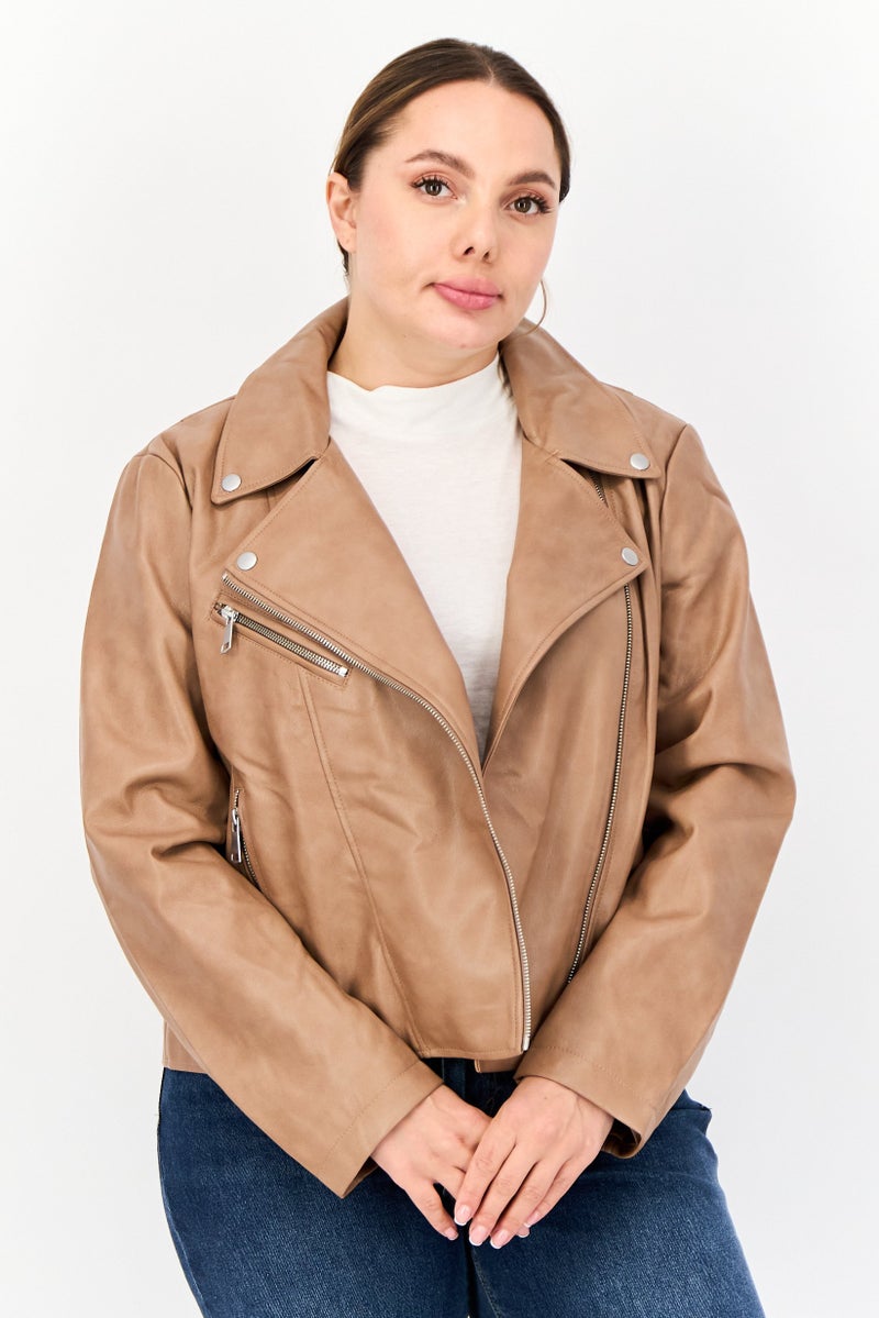 Bagatelle Women Plain Motorcycle Jacket, Light Brown - Image 1