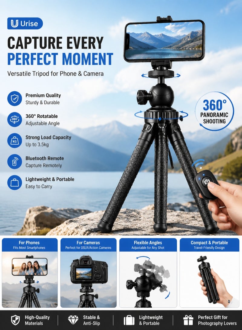 Bukela Mini Flexible Tripod with Bluetooth Remote Control – Desk Stand for Video Shooting, Mobile Phone Holder for Professional Photography, Compact and Portable Stand - Image 1