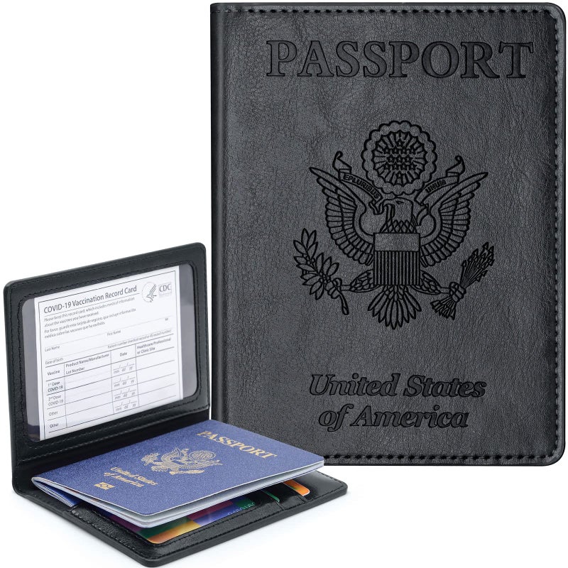 KAOBAN Passport Holder Cover Wallet Case RFID Blocking Leather Card Slot Travel Accessories Documents Organizer Protector for Women Men, Black - Image 1