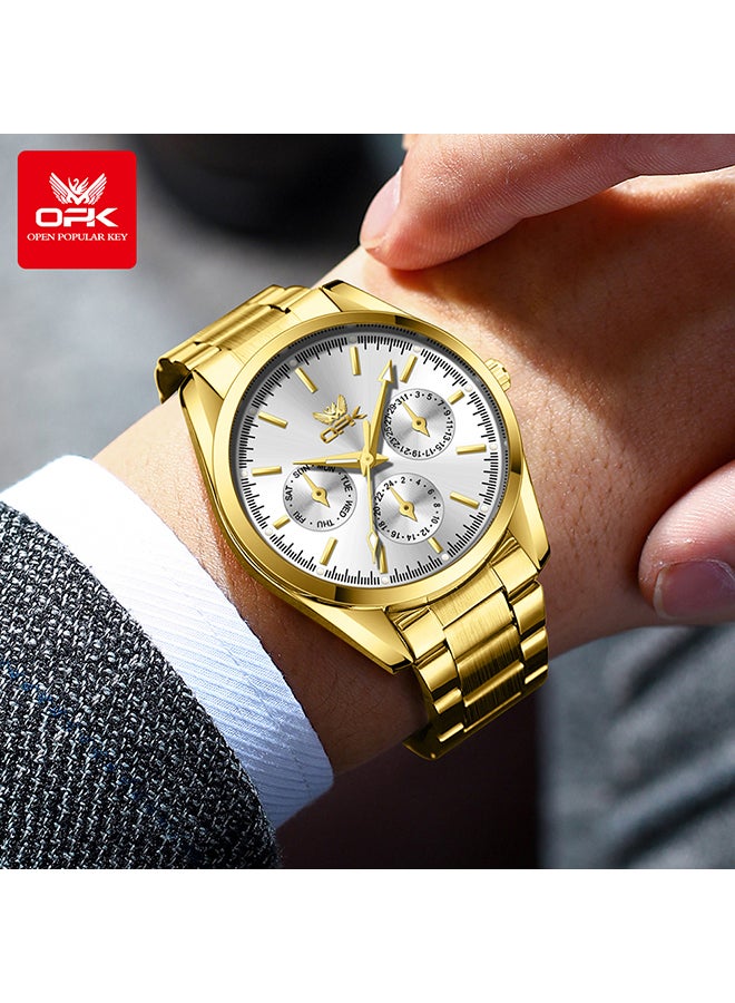 OPK Watches, Fashionable and Casual Men's Watch, Luminous Waterproof Quartz Watch, Men's Watch, 6024, All-Gold White Dial - Image 1