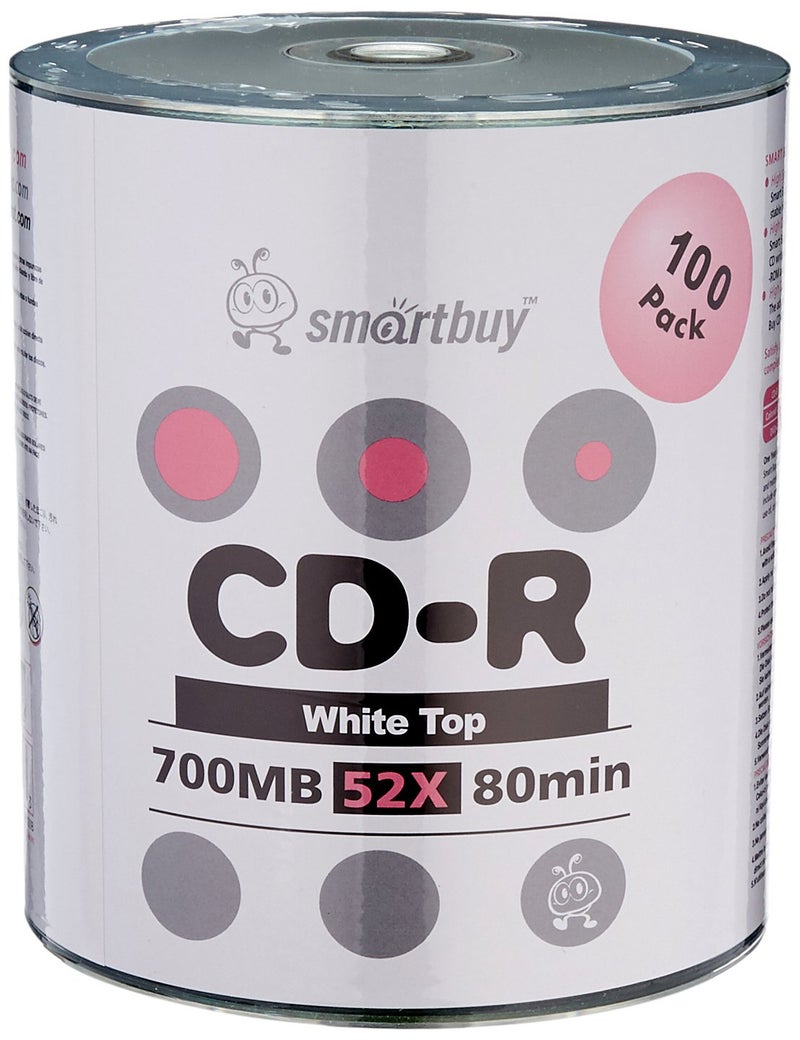 Smartbuy سمارت باي 100 قرص 700 ميجابايت/80 دقيقة 52x CD-R أبيض أعلى قرص بيانات فارغ قابل للتسجيل - Image 1