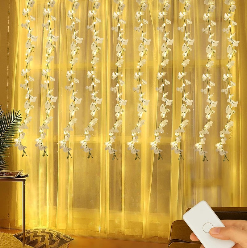 Gesto White Artificial Flower Curtain LED String Lights – 200 LED Warm White Fairy Lights with 8 Modes | AC Plug Mesh Curtain Lights for Balcony,Bedroom,Home,Diwali Decoration Hanging Lights (10x3 Ft) - Image 1