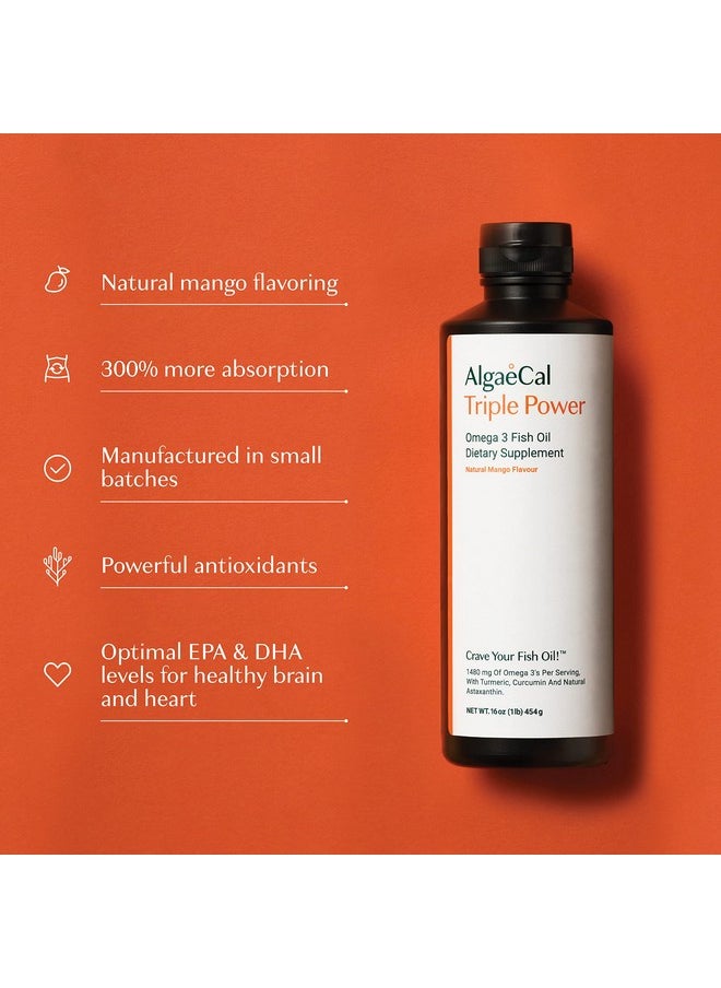 ALGAECAL - Triple Power 1200Mg Epa And Dha Omega 3 Fish Oil Supplement Supporting Brain Heart And Bones Liquid Emulsion Mango Taste One Month Supply Burpfree - Image 1
