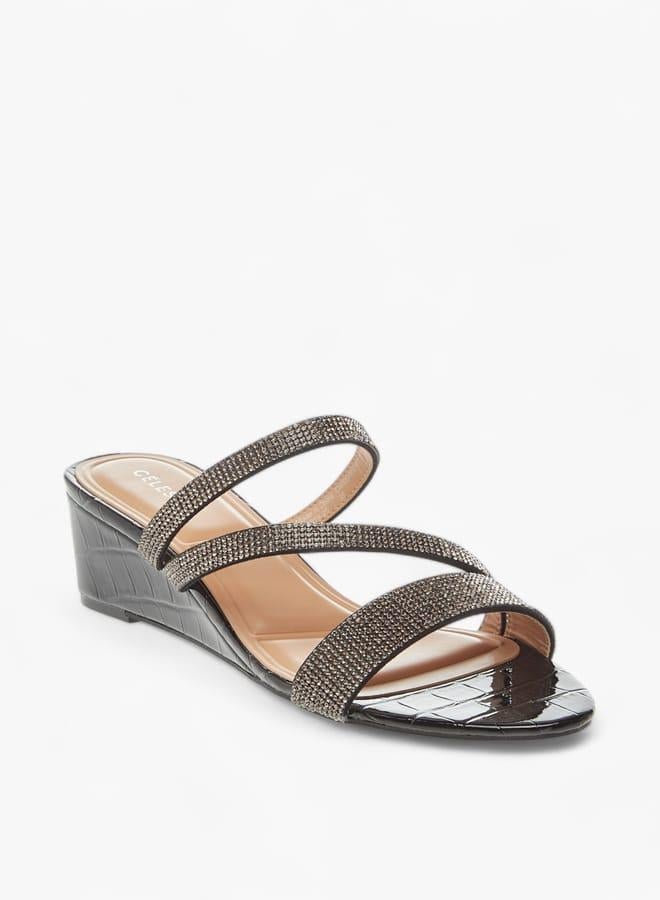 سيليست صنادل نسائية بكعب ويدج بحزام مرصع سهلة الارتداء - Image 1