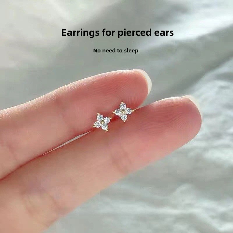S925 Silver Clover Mini Stud Earrings Elegant Simple Gold 