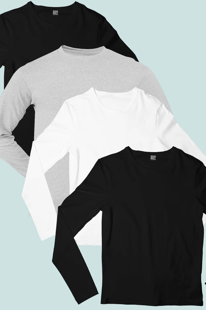 روك اند رول Plain 2 Black, Gray, White Long Sleeve Men's Combed Cotton T-Shirt 4-Piece Super Eco Pack