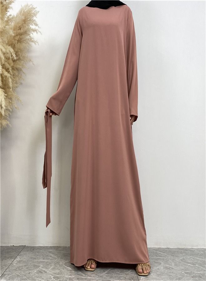 Loquat Lace-Up Pocket Muss Solid Color Dress Abaya Pink  - Image 1