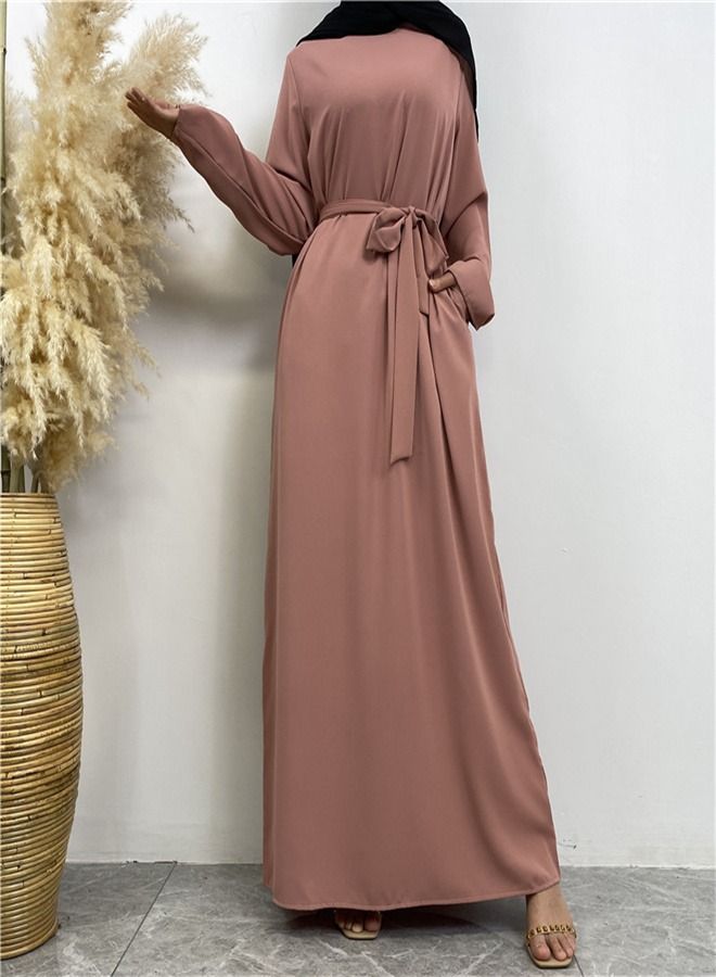 Loquat Lace-Up Pocket Muss Solid Color Dress Abaya Pink  - Image 2
