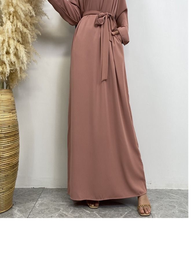 Loquat Lace-Up Pocket Muss Solid Color Dress Abaya Pink  - Image 3