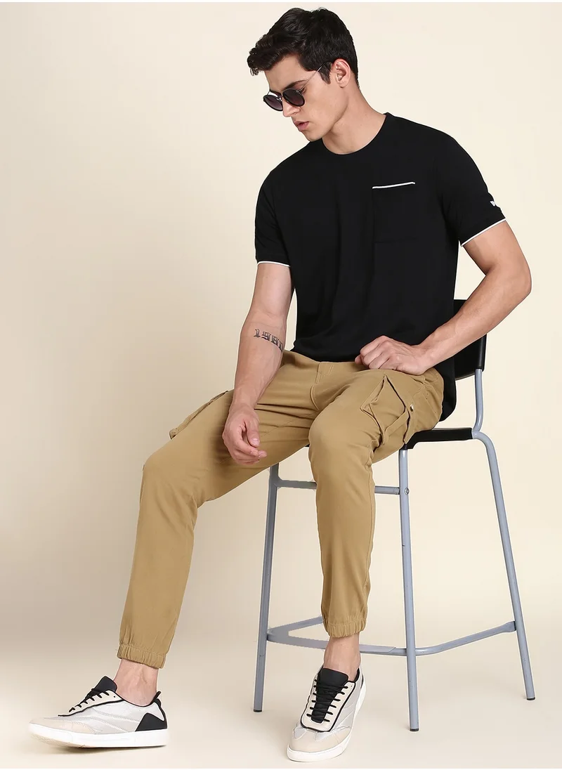 دينيس لينغو Khaki Slim Fit Solid Trouser for Men - Cotton Blend, Full Length, Button & Zip, Mid Rise, Casual