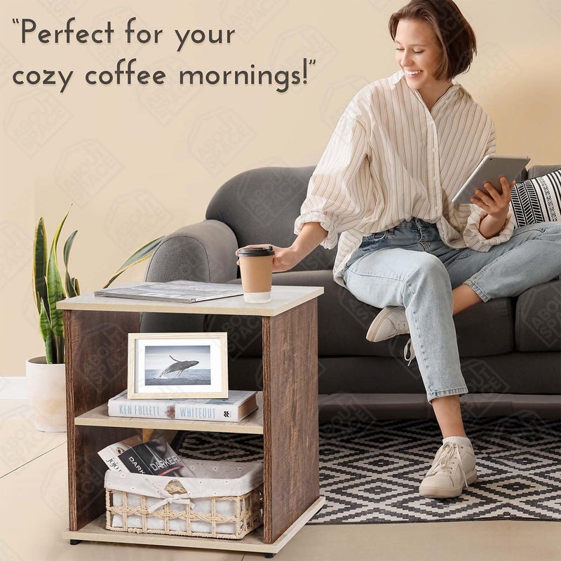 ABOUT SPACE Bed Side Table End Sofa Side TableCorner Coffee Table with Solid Finish Space Saving Furniture with Storage for Living RoomBed RoomBalconyHome DecorL 40 x B 40 x H 53 CmWalnut - Image 3